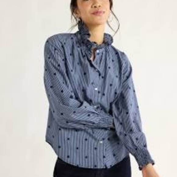 Free Assembly Tops - Free ASSembly Cotton Ruffled Neck Blouse Long Sleeves Strips Dots Navy Blue Nwt